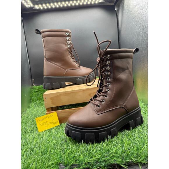 Charlotte Russe - Brown Leather- Combat Boots - Size 8W - Picture 5 of 8